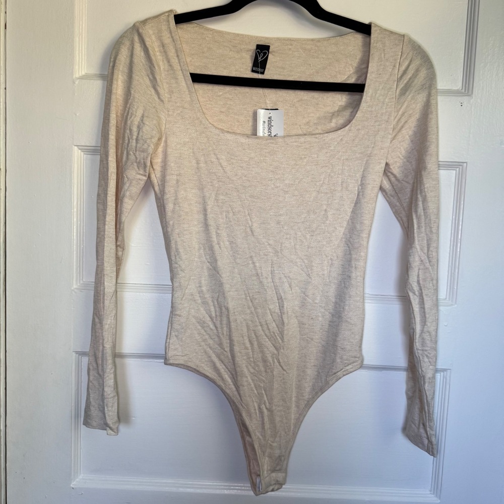 Windsor Womens Heather Oatmeal Beige Square Neck Long Sleeve Bodysuit XS R850